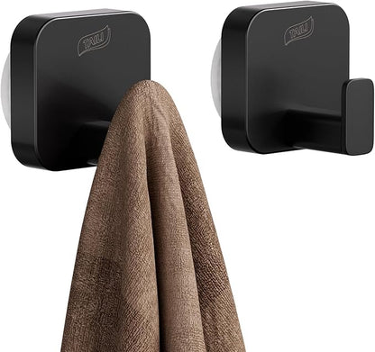 TAILI Thickened 304 Stainless Steel Bathroom Suction Hook for Towel, Loofah, Bathrobe, Patented Strong Suction Cup Holder, Damage-Free Hanging Glass Shower Wall Hook, Hold Up to 11 Lbs, 2 Pack, Black