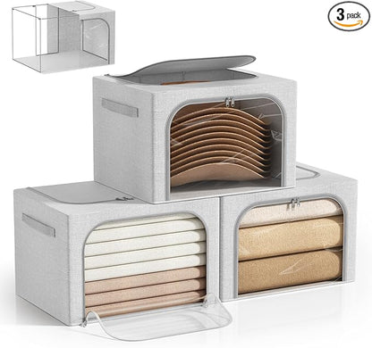 Large Size 66L 3 Pack Openings Clothes Storage Bins with Metal Frame, Stackable & Foldable Linen Storage Box with Lids, Closet Organizers, Blanket, Sweater, Baby Clothes (19.7x 15.75 x 13 Inches)