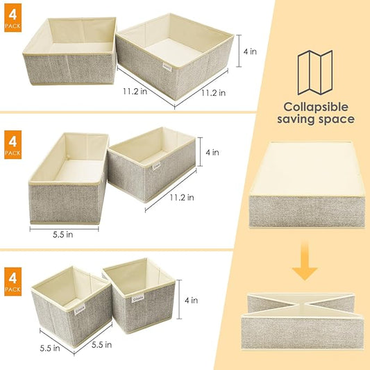 12 Pack Drawer Organizers for Clothing, Foldable Clothes Storage Box Closet Dresser Drawer Organizers Dividers, Bedroom Organization Fabric Bins for Baby Clothes Underwear Sock Bra Ties (Beige)