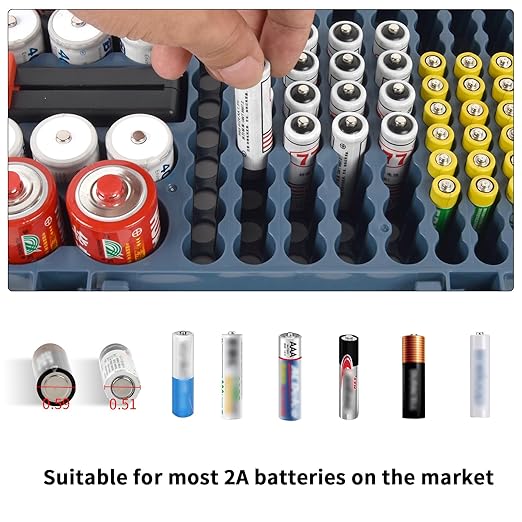 Battery Organizer Storage Case with Tester Checker. Batteries Holder Box Container for 120+ AA AAA 9V C D Lithium CR2025 CR1632 CR2032 Coin Cell Battery with Wall-Mounted Design -Blue