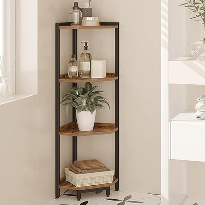 Corner Shelf Stand, Corner Bookshelf, Storage Standing Shelf Unit with Metal Frame, Plant Stand, Corner Bookcase for Living Room, Home Office, Bedroom, 4-Tier Rustic Brown CS05801B