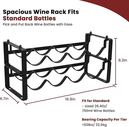 Small Wine Rack for 8 Bottles – Expandable & Stackable Metal Wine Rack for Cabinet, Countertop, Floor, or Small Spaces – Compact Wine Storage Shelf for Kitchen, Bar, or Pantry (2 Tier, Black)