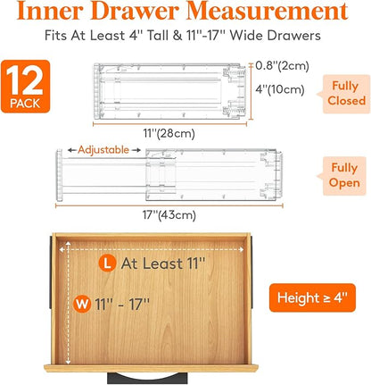Lifewit Clear Drawer Dividers Adjustable Clothes Drawer Organizers, Expandable Drawer Separators, 12 Pack, 4" High/11-17 Long