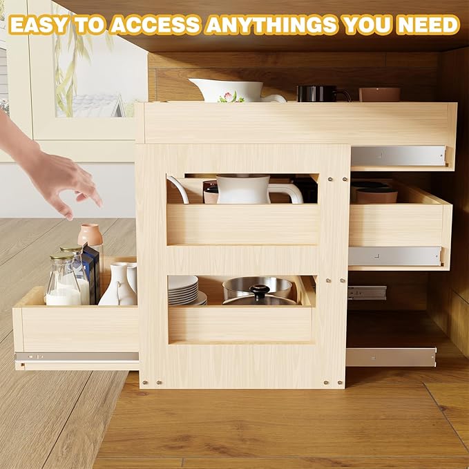 Pull Out Cabinet Organizer, 14''W×21''D×19''H Soft Close Slide Out Wooden Pull out Drawers, Three Tier Slide out Wood Cabinet Organizer, for Base Cabinet Organization in Kitchen, Pantry, Bathroom