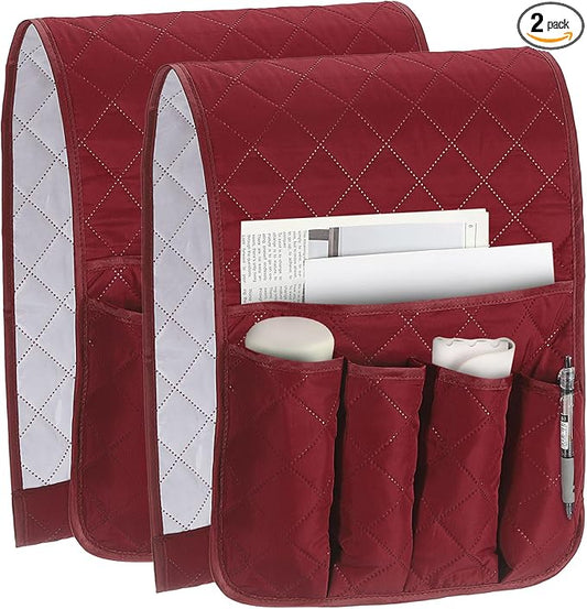 uxcell 2 Pcs Recliner Armchair Caddy, Couch Armrest Organizer with 5 Pockets for Bedside Sofa Remote Control Holder Magazine Phone Book Glasses (Wine Red, 35"x13")