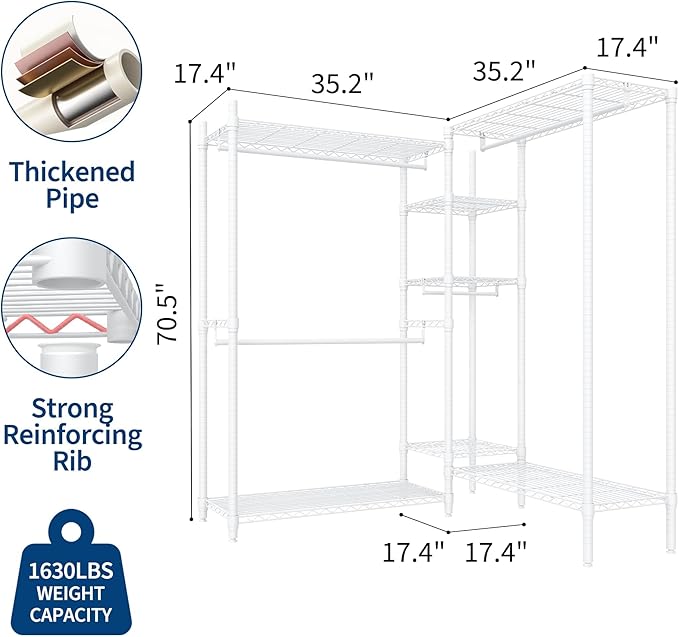 Portable Clothes Rack Heavy Duty Garment Rack, L-Shaped Closet Wardrobe with Adjustable Shelves, Freestanding Closet Organizer and Storage for Corner Apartment Bedroom, 70.5"H x 85.4"L x 17.4"W