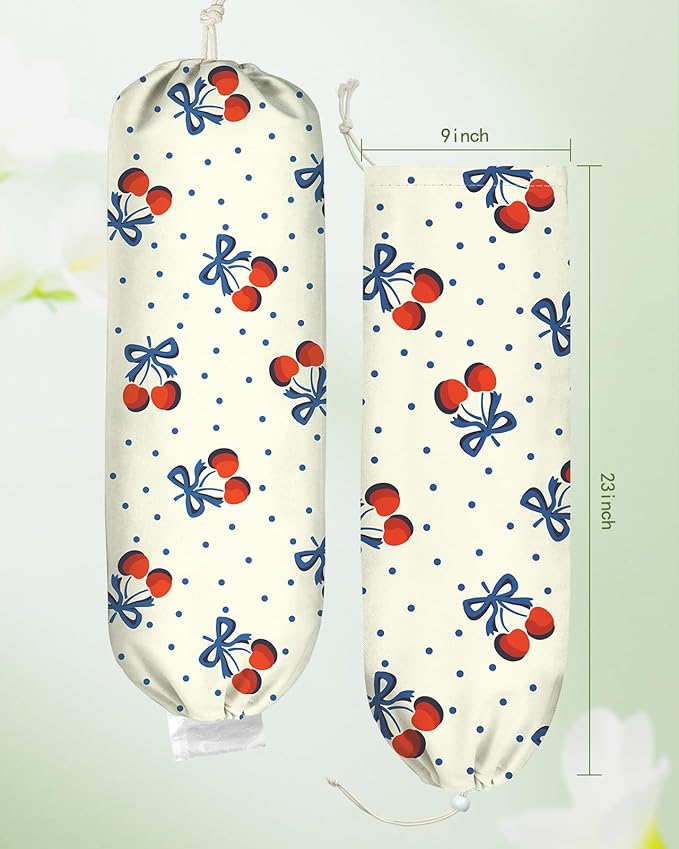 Plastic Bag Holder, Grocery Bag Organizer - 1 Pack Cute Kitchen Dispenser Holders Reusable Shopping Western Hanging Wall with Adjustment Drawstring Closure for Women Home, Cherry