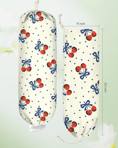 Plastic Bag Holder, Grocery Bag Organizer - 1 Pack Cute Kitchen Dispenser Holders Reusable Shopping Western Hanging Wall with Adjustment Drawstring Closure for Women Home, Cherry
