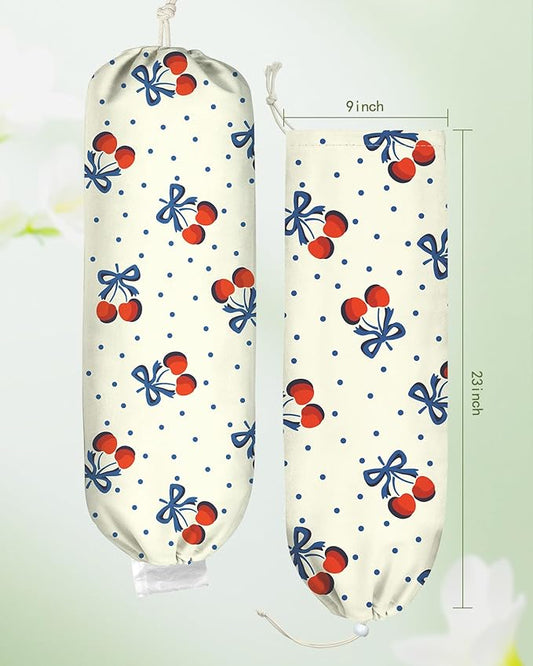 Plastic Bag Holder, Grocery Bag Organizer - 1 Pack Cute Kitchen Dispenser Holders Reusable Shopping Western Hanging Wall with Adjustment Drawstring Closure for Women Home, Cherry