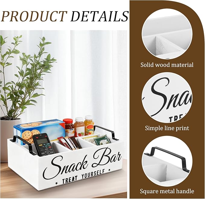 Snack Organizer for Countertop, Wood Pantry Storage Bins with Handles, Snack Bar Organizer for Pantry Shelf, 4 Compartment Food Container Box, Kitchen Storage Organizer for Nut,Chips,Beverage (White)