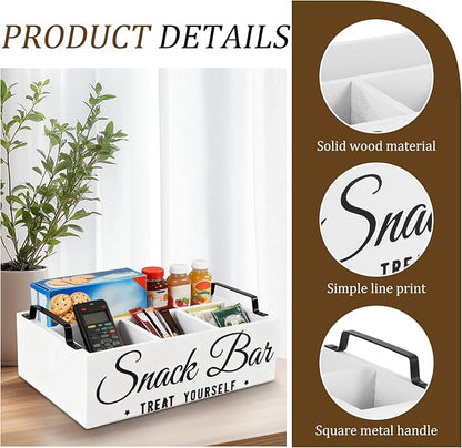 Snack Organizer for Countertop, Wood Pantry Storage Bins with Handles, Snack Bar Organizer for Pantry Shelf, 4 Compartment Food Container Box, Kitchen Storage Organizer for Nut,Chips,Beverage (White)