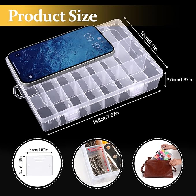 3 Pack 24 Grids Clear Plastic Storage Container With Adjustable Divider, Craft and Bead Organizer Box for DIY Jewelry Tackles With 2 Sheets Label Stickers