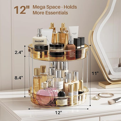 LAMU 12inch 2 Tier Lazy Susan Turntable Organizer Rotating Spice Rack Organization for Cabinet, Kitchen, Pantry, Countertop, Bathroom, Vanity, Medicine Cabinet Organizer, Amber