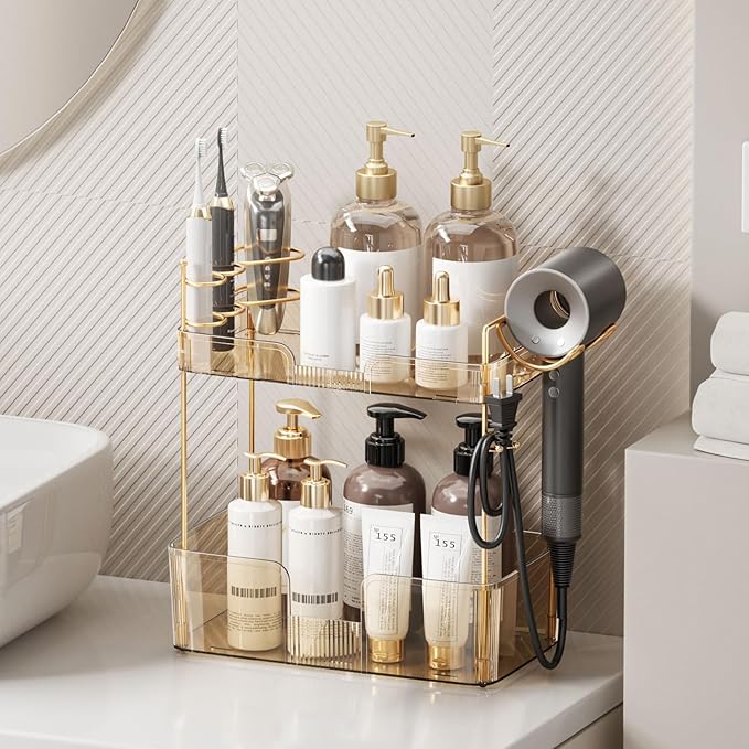 Weidace Bathroom Counter Organizer for Vanity, Makeup Organizer Countertop with Holder, Large Capacity Storage Rack, Perfect Large Skincare, Hair Care, Perfume, Easy to Install (Gold, 2Tiers)