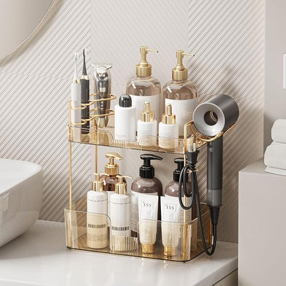 Weidace Bathroom Counter Organizer for Vanity, Makeup Organizer Countertop with Holder, Large Capacity Storage Rack, Perfect Large Skincare, Hair Care, Perfume, Easy to Install (Gold, 2Tiers)