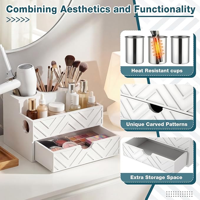 AceOrbit Hair Tool Organizer with Drawer, Hair and Makeup Bathroom Vanity Organizers and Storage Fits Blow Dryer, Curling Iron, Makeup Brushes, Skincare, Hot Tools Organizer for Tidy Counter(White)