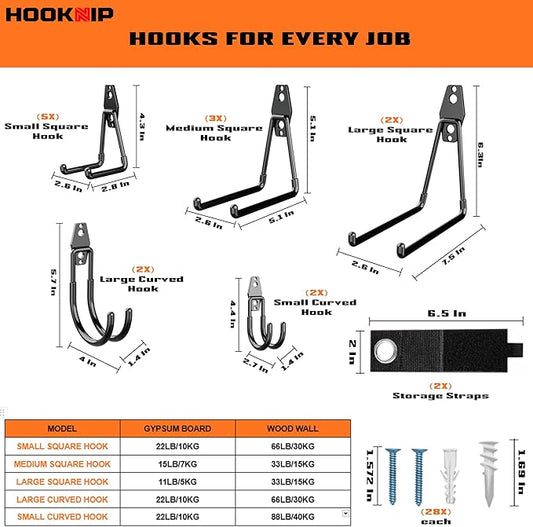 Pack 16 Garage Hooks Heavy Duty | Multi-Sized Wall-Mounted Tool Hangers with Anti-Rust PVC Coating | Heavy Duty Wall Hooks for Bikes, Ladders, Garden Tools, and More