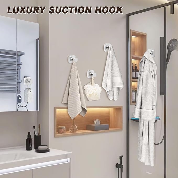 Supopular Suction Cup Hooks for Shower Heavy Duty No-Drill– Reusable Multi-Purpose Hooks Adheres to Glass, Mirrors, Tiles & Smooth Surfaces for Towels, Robes, Loofah& Body Sponge (2, Chrome Polished)