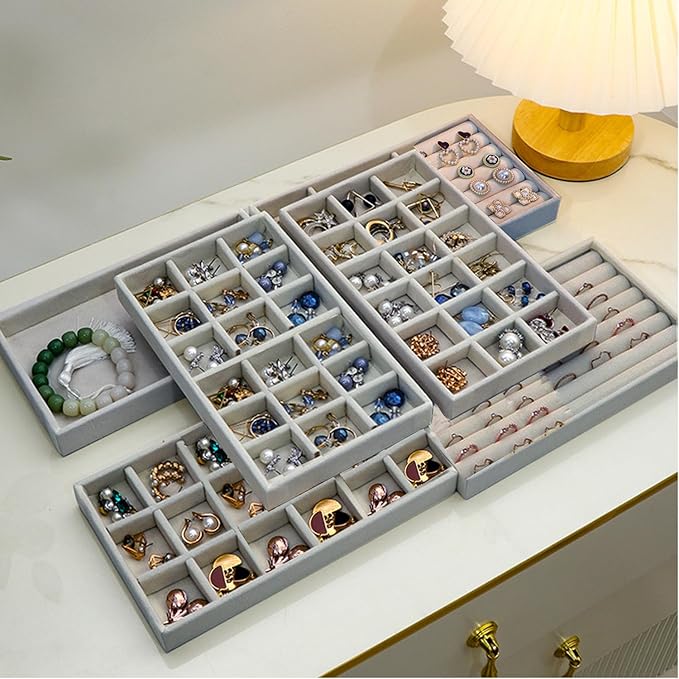 SPAKOWN Jewelry Organizer for Drawer, Adjustable Velvet Jewelry Tray, Stackable Necklace Organizer Earring Holder Organizer Ring Tray Jewelry Storage Display Drawer Inserts Set of 9 (Grey)
