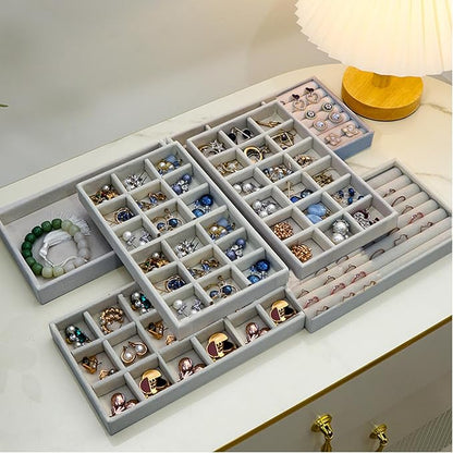SPAKOWN Jewelry Organizer for Drawer, Adjustable Velvet Jewelry Tray, Stackable Necklace Organizer Earring Holder Organizer Ring Tray Jewelry Storage Display Drawer Inserts Set of 9 (Grey)