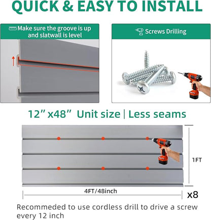 Slatwall Panels 4'x8' Garage Slat Wall Storage Systems with 26 Slatwall Accessories, PVC Grey Slat Wall Paneling for Retail Display, Garage Storage, Guitar Shop, Home Storage