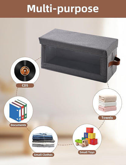 4 Pack DVD Storage Box with Visible Window, Dustproof CD/DVD Case Holder Organizer Rack Can Hold Up to 104 DVD, Blu-ray & CD Storage, Stackable and Lid Design-Grey