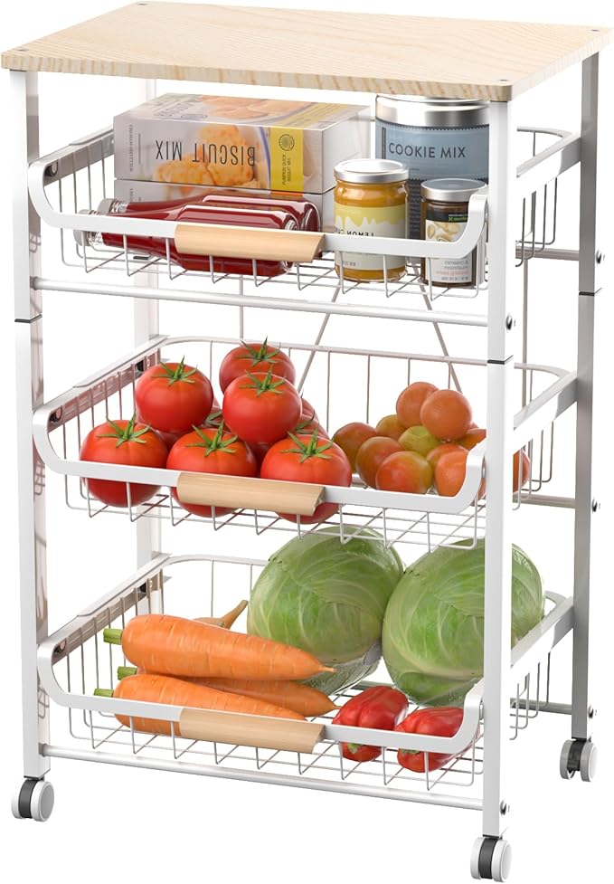 JAQ Fruit Vegetables Carts, 4-Tier Slide Out Metal Storage Basket Stand Rack Organizers with Wood Top and Handle with Rolling Wheels for Snack Veggie Produce in Kitchen Pantry Floor (White, 4 -Tier)