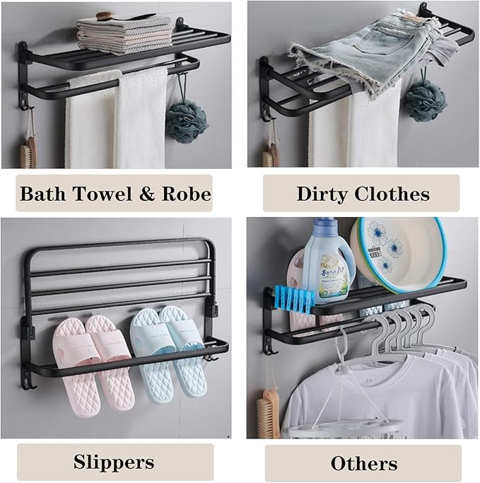 Towel Rack for Bathroom, Bath Towel Holder with Double Towel Bar and Foldable Towel Shelf, Rustproof Towel Organizer Wall Mounted Towel Storage Hanger for Bath/Balcony/Lavatory(16In Black)