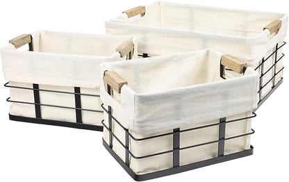 happimess BSK3002A-3SET Callan Vintage Industrial Wire Metal Nesting Storage Baskets with Wood Handles and Fabric Liner for Shelves, Cabinets, Pantry, Countertop, Mesh Open Bin, Black (Set of 3)