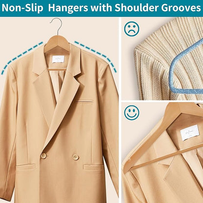 ABHENG 30 Pack Wooden Coat Hangers, 360° Swivel Hook, Suit Hangers with Anti-Slip Notches, Clothes Hangers for Jackets, Shirts, Dress, Natural UAWY0530N