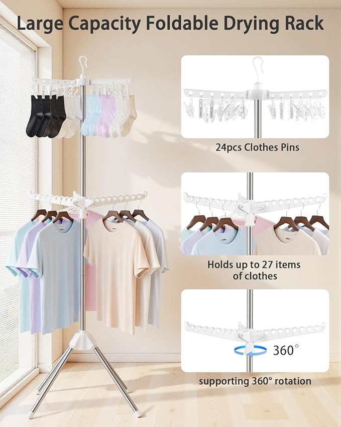 Foldable Clothes Drying Rack - 2 Tier Laundry Drying Rack, Portable Clothing Rack with Rotating Clothes Rail with 24 Clips and 3 Rotatable Arms, Suitable for Flats and Small Rooms