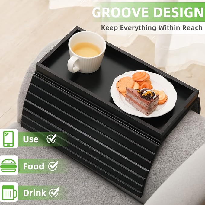 GEHE Bamboo Sofa Arm Tray, Foldable Couch Arm Tray Side Table, Anti-Falling Armrest Tables Cup Holder for Snacks, Drinks, Beers, Phone, Control, Flexible and Portable, Anti-Slip Bottom