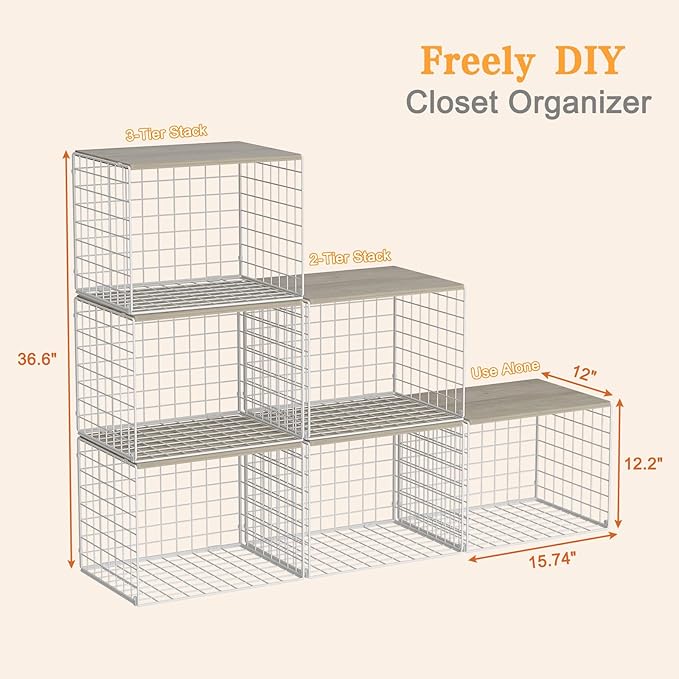 Wider Stackable Closet Organizers and Storage with Top Board, 3 Pack Closet Shelf Organizer, Double Storage Design, Clothes Storage Cubes/Bins/Baskets for Wardrobe, Space-Saving, White,Sturdy,Metal