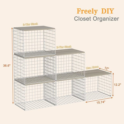 Wider Stackable Closet Organizers and Storage with Top Board, 3 Pack Closet Shelf Organizer, Double Storage Design, Clothes Storage Cubes/Bins/Baskets for Wardrobe, Space-Saving, White,Sturdy,Metal