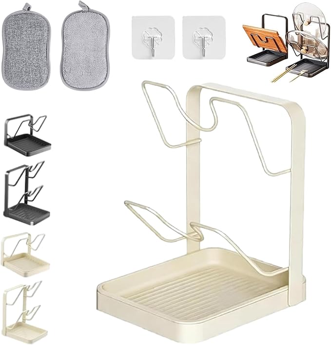 Premium 304 Stainless Steel Pot Lid Holder & Organizer – Space-Saving Rack with Removable Drip Tray for Lids & Utensils Double Layered - Beige
