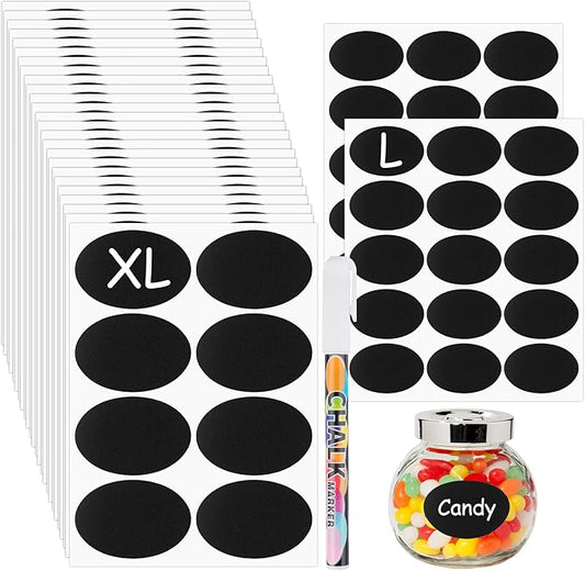 230 Pcs Labels for Jars, 2 Size Waterproof Chalkboard Labels for Food Containers, Storage Bins, Mason Jars, Reusable Blackboard Stickers with 1 Erasable Chalk Marker (Oval)
