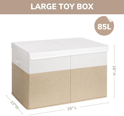INDRESSME 25"x13"x16" Toy Box Toy Storage Organizer with Lid Collapsible Sturdy Toy Chest, Foldable Toy Bin for Living Room, Playroom, Bedroom, Toy Baskets Storage Kids, Boys, Girls (Beige & White)