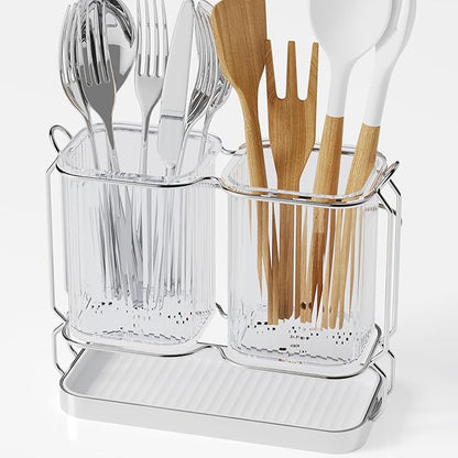 Kitchen Utensil Holder Wall Mount, 6.7" Silverware Holder for Kitchen Countertop, Utensil Drying Holder with Drain Tray for Silverware,Spatula (Silver)
