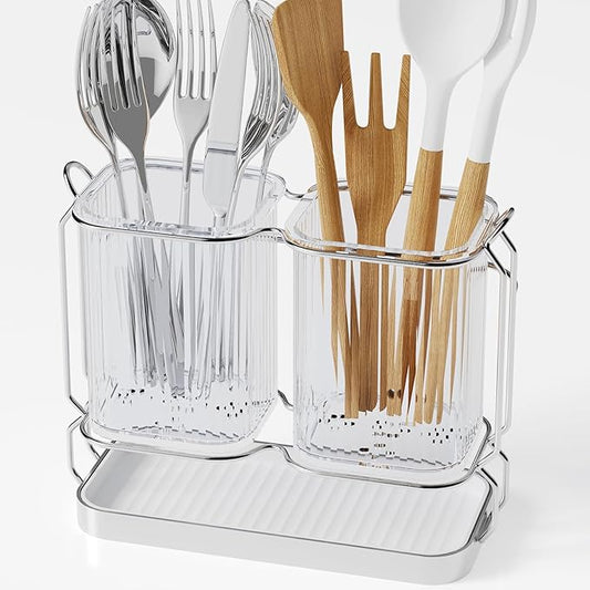 Kitchen Utensil Holder Wall Mount, 6.7" Silverware Holder for Kitchen Countertop, Utensil Drying Holder with Drain Tray for Silverware,Spatula (Silver)