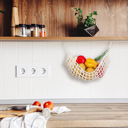 2 Pcs 11.8 x 20 Inch Large Macrame Fruit Hammock Under Cabinet Veggie Banana Hammock Hanging Fruit Basket Saves Counter Space for Kitchen Hand-woven Lace Hanging Basket for Kitchen(Rustic Style)