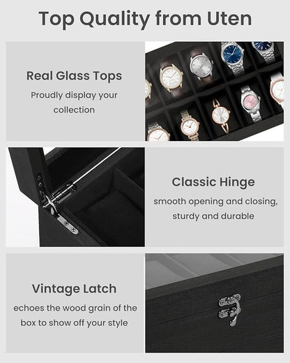 Uten 10-Slot Watch Box, 2-Layers Solid Wood Watch Display Case with Glass Lid, Watch Holder Organizer with Soft Pillow and Velvet Lining, Watch and Jewelry Storage Box, Black
