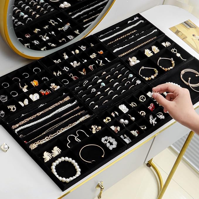 SPAKOWN Jewelry Organizer for Drawer, Adjustable Velvet Jewelry Tray, Stackable Necklace Organizer Earring Holder Organizer Ring Tray Jewelry Storage Display Drawer Inserts Set of 9 (Black)