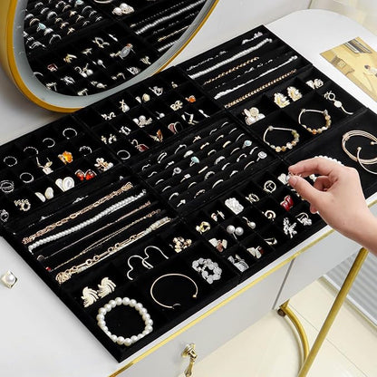 SPAKOWN Jewelry Organizer for Drawer, Adjustable Velvet Jewelry Tray, Stackable Necklace Organizer Earring Holder Organizer Ring Tray Jewelry Storage Display Drawer Inserts Set of 9 (Black)
