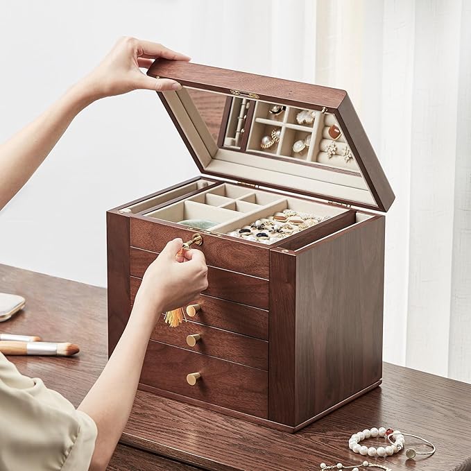 Homruilink Black Walnut Wooden Jewelry Box, Wood Jewelry Organizer with 2 Side Doors Mirror Lockable Classical Style for Watch Necklace Ring Earring Storage Valentines Day Gifts for Her-5 Layer