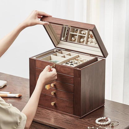 Homruilink Black Walnut Wooden Jewelry Box, Wood Jewelry Organizer with 2 Side Doors Mirror Lockable Classical Style for Watch Necklace Ring Earring Storage Valentines Day Gifts for Her-5 Layer