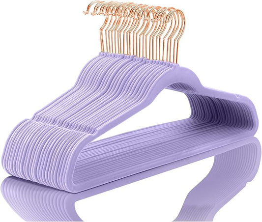 MIZGI Premium Velvet Hangers (50 Pack) Heavy Duty - Non Slip Felt Hangers - Velvet Suit Hanger Light Purple - Rose Gold Hooks,Space Saving Clothes Hanger