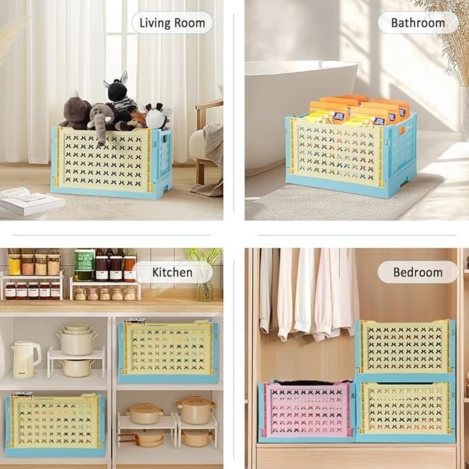 Stackable Plastic Closet Storage Basket, 2 Pack Foldable Closet Organizers and Storage Bins, Decorative Basket for Closet, Shelves, Laundry, Wardrobe Organizing (Yellow Blue)