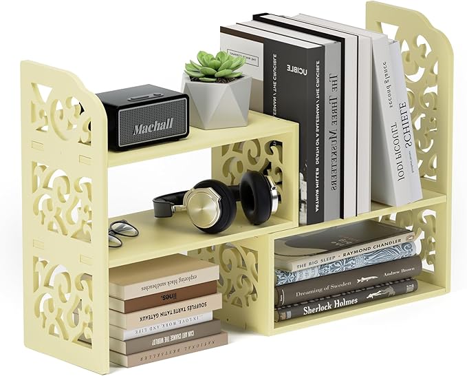 YGYQZ Adjustable Desktop Organizer Shelf – Space-Saving Desk Shelves & Desktop Bookshelf for Office, Home & Dorm – Sturdy PVC Desk Book Organizer with Non-Slip Feet, Easy Assembly