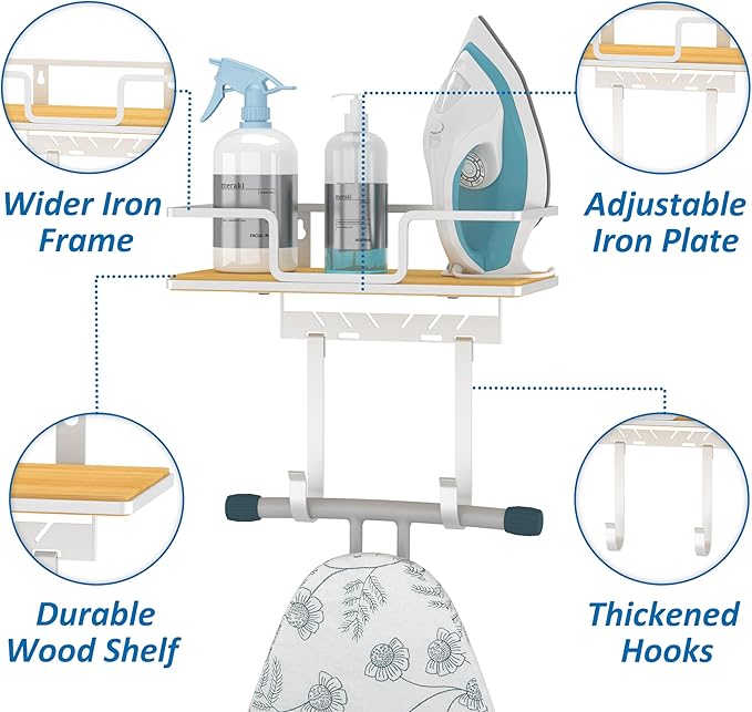 efluky Ironing Board Hanger Wall Mount with Removable Hooks, Ironing Board Holder Organizer Compatible with T/Leg & Y/Leg Ironing Boards, Space Saving Laundry Room Storage, 12.59"x5.9"x2.36", White