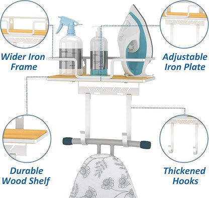 efluky Ironing Board Hanger Wall Mount with Removable Hooks, Ironing Board Holder Organizer Compatible with T/Leg & Y/Leg Ironing Boards, Space Saving Laundry Room Storage, 12.59"x5.9"x2.36", White